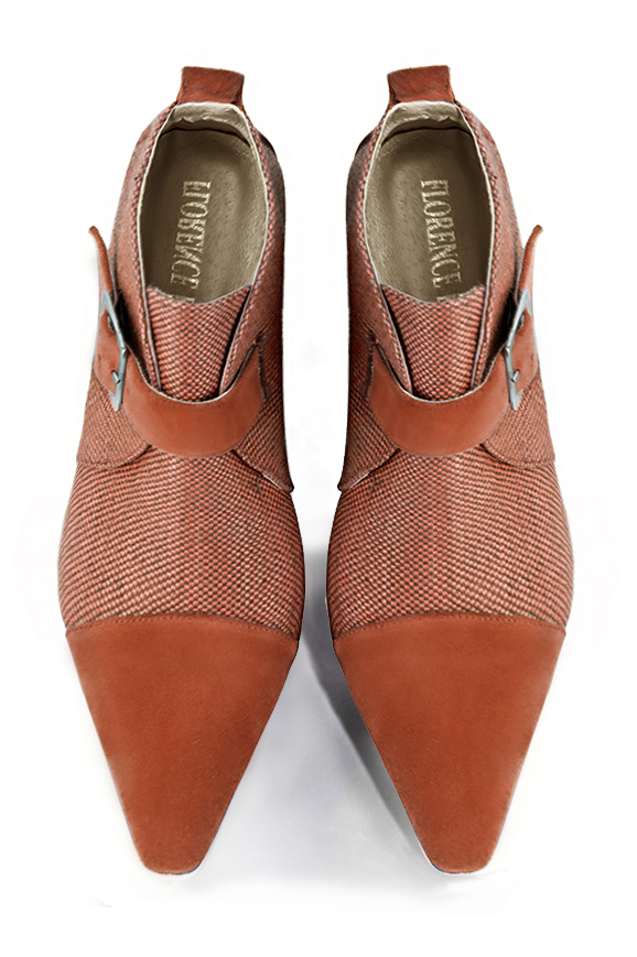 Terracotta orange women's ankle boots with buckles at the front. Tapered toe. High kitten heels. Top view - Florence KOOIJMAN